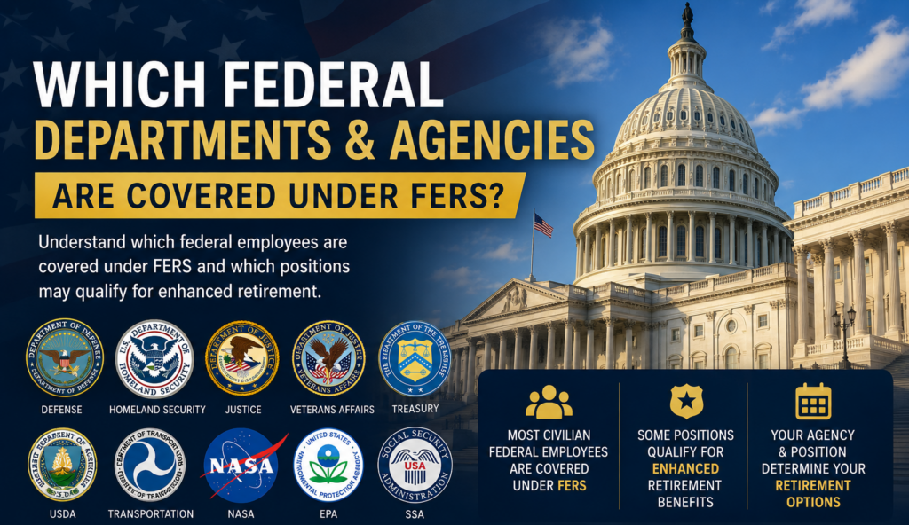 Illustration of the U.S. Capitol with federal agency seals and text explaining which federal departments and agencies are covered under FERS retirement benefits.